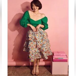 Buru Teagan Floral Print Tiered Ruffle Midi Pocketed A-Line Skirt and Top Set XS